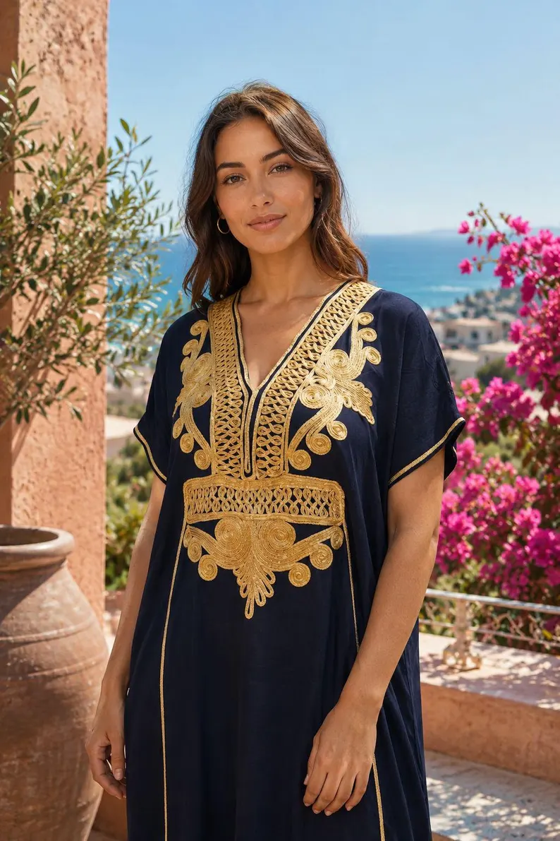 Moroccan Gandoura marrakech for Women Elegant Embroidered Kaftan Dress – Handmade Caftan Loose Maxi Dress – summer caftan dress for her - Image 6