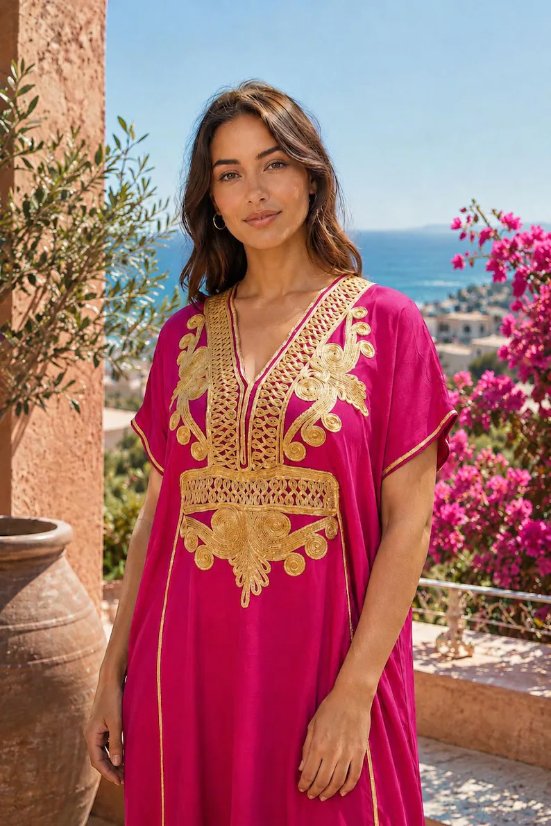 Moroccan Gandoura marrakech for Women Elegant Embroidered Kaftan Dress – Handmade Caftan Loose Maxi Dress – summer caftan dress for her