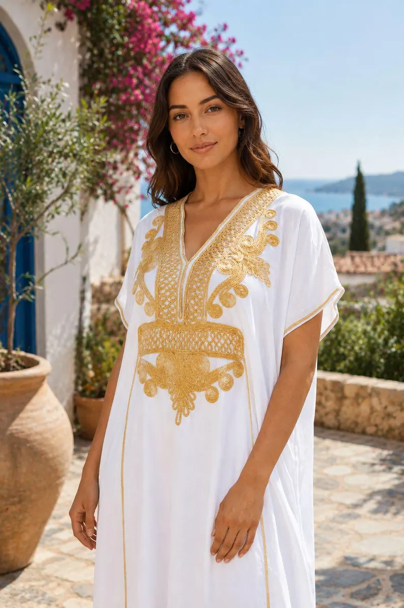 Moroccan Gandoura marrakech for Women Elegant Embroidered Kaftan Dress – Handmade Caftan Loose Maxi Dress – summer caftan dress for her - Image 5